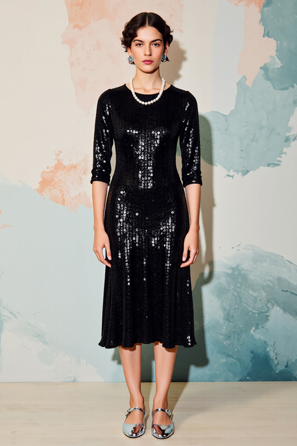 Zapakasa Women Sparkly Black Sequins Midi Formal Dress with Half