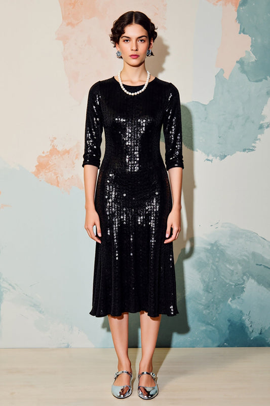 Sparkly Black Sequins Round Neck Midi Formal Dress Half Sleeves