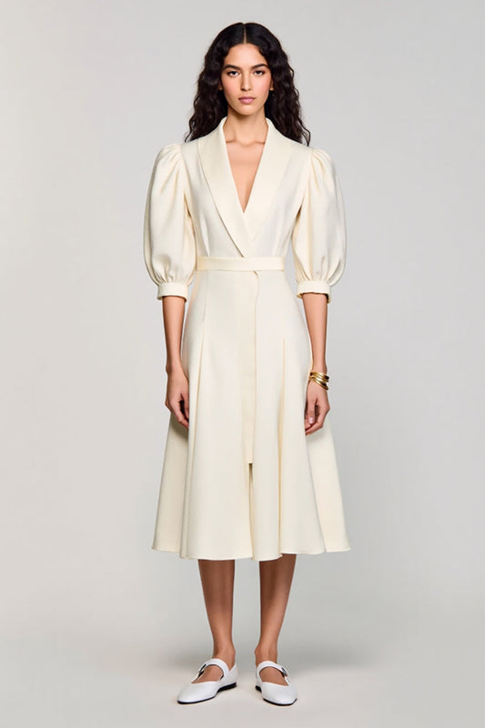 Ivory Shawl Lapel A Line Satin Midi Work Dress with Sleeves