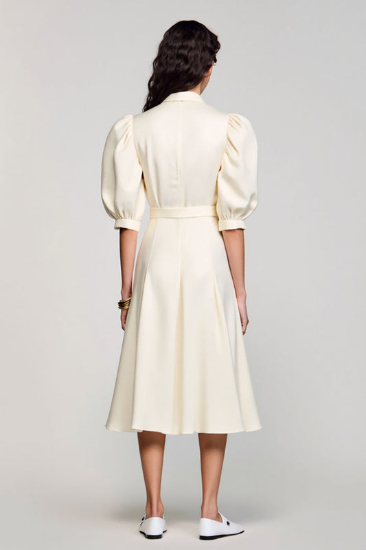 Ivory Shawl Lapel A Line Satin Midi Work Dress with Sleeves