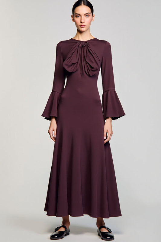 Burgundy A Line Bow Long Wedding Guest Dress with Sleeves