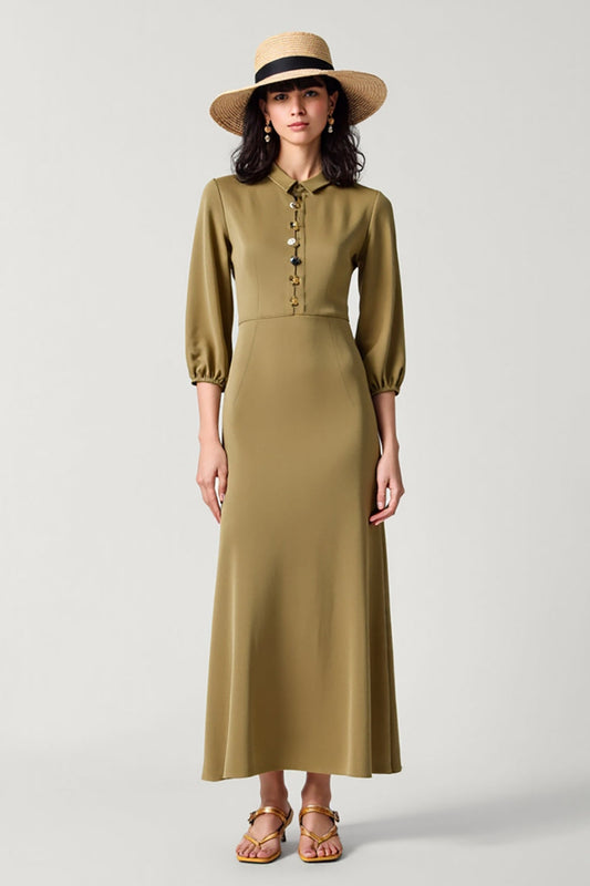Olive Satin Collar Neck Long Wedding Guest Dress with 3/4 Sleeves