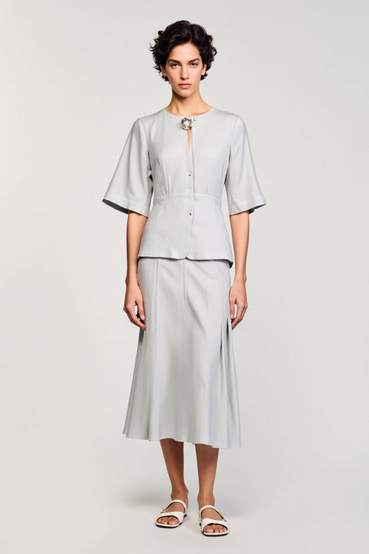 Grey Satin 2 Piece Round Neck Midi Business Suits with Half Sleeves