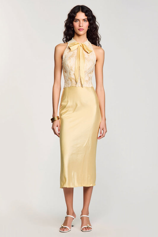 Yellow Halter Bodycon Midi Bow Wedding Guest Dress