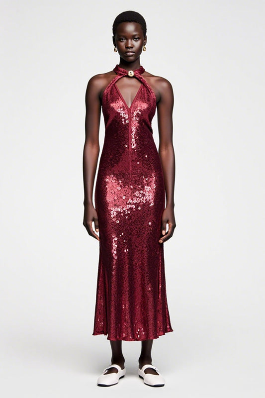 Sparkly Dark Red Sequins Halter Wedding Guest Dress