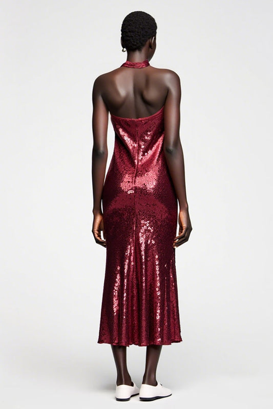 Sparkly Dark Red Sequins Halter Wedding Guest Dress