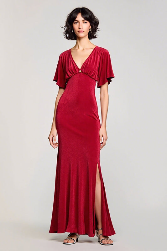 Velvet Red V Neck Short Sleeves Wedding Guest Dress with Slit