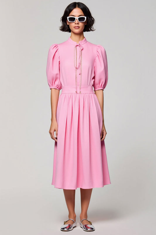 Pink Cotton Ruched A Line Wedding Guest Dress with Sleeves