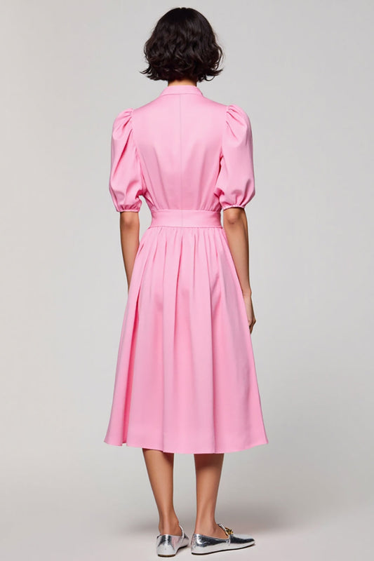 Pink Cotton Ruched A Line Wedding Guest Dress with Sleeves