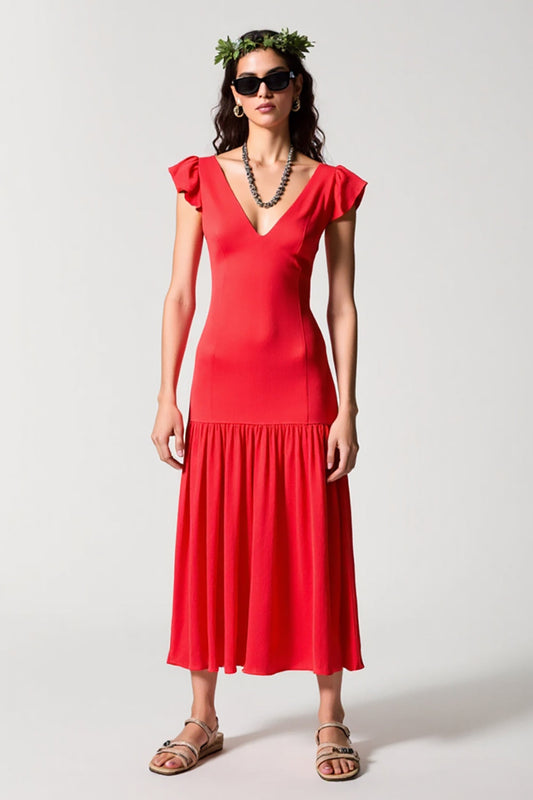 V Neck Red Chiffon A Line Wedding Guest Dress