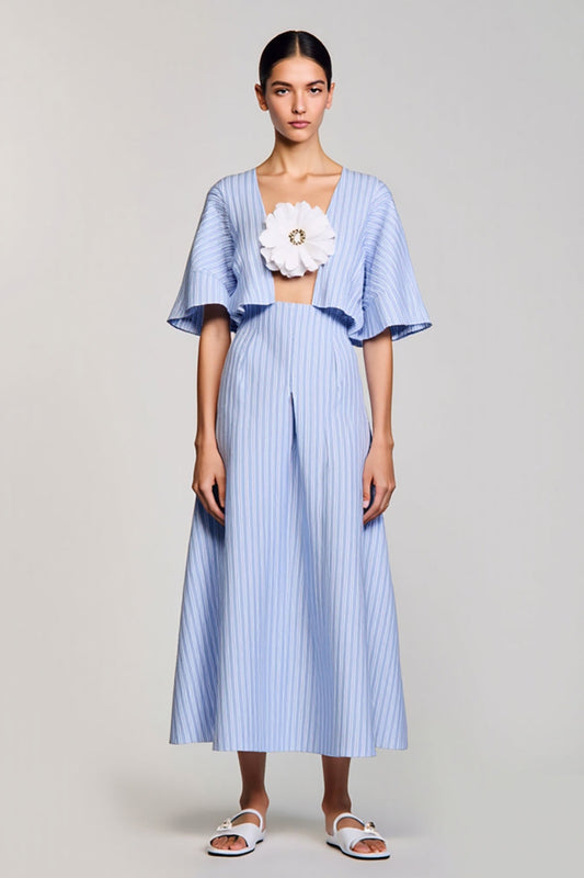 Blue A Line Striped 3D Flower Wedding Guest Dress with Sleeves