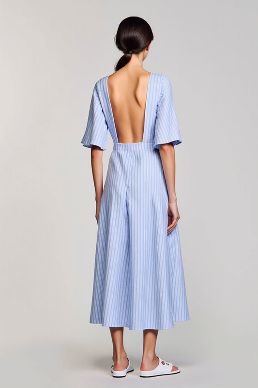 Blue A Line Striped 3D Flower Wedding Guest Dress with Sleeves