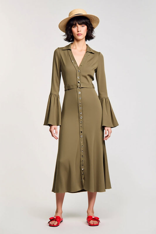 Olive Chiffon A Line V Neck Long Wedding Guest Dress