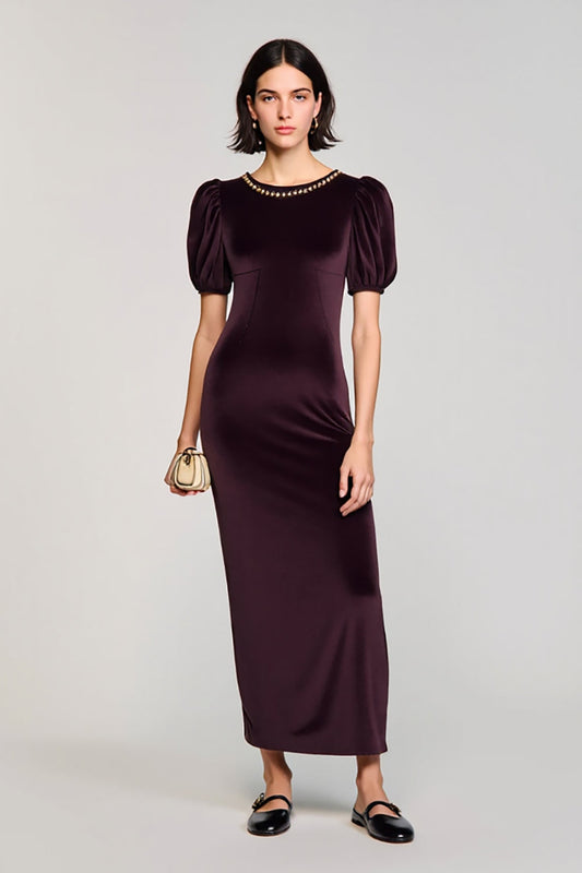 Velvet Burgundy Sheath Long Wedding Guest Dress