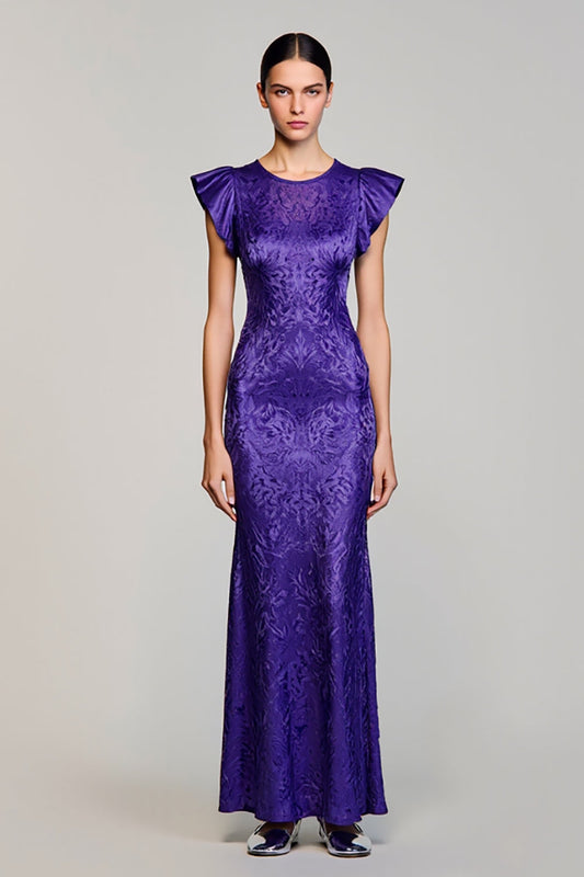 Purple Jacquard Sheath Long Wedding Guest Dress