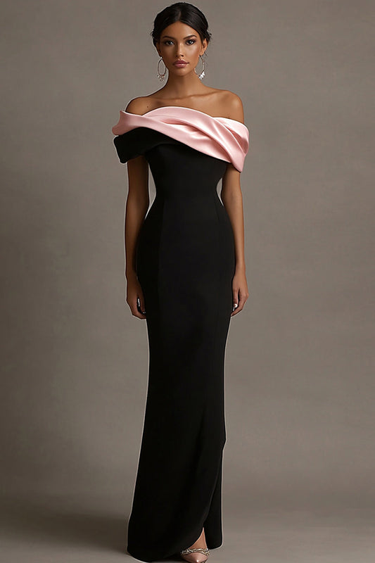 Black and Pink Satin Off the Shoulder Sheath Long Evening Dress