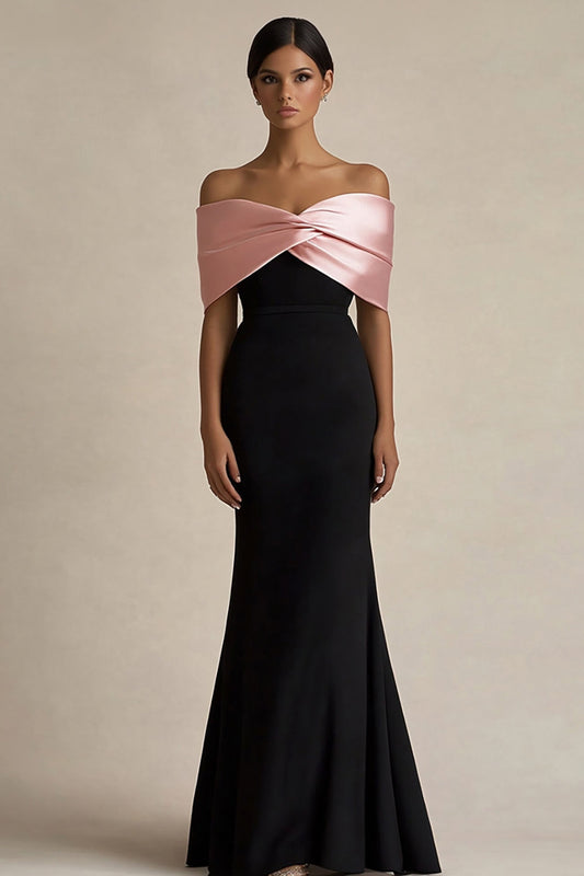 Black and Pink Satin Sheath Off the Shoulder Long Evening Dress