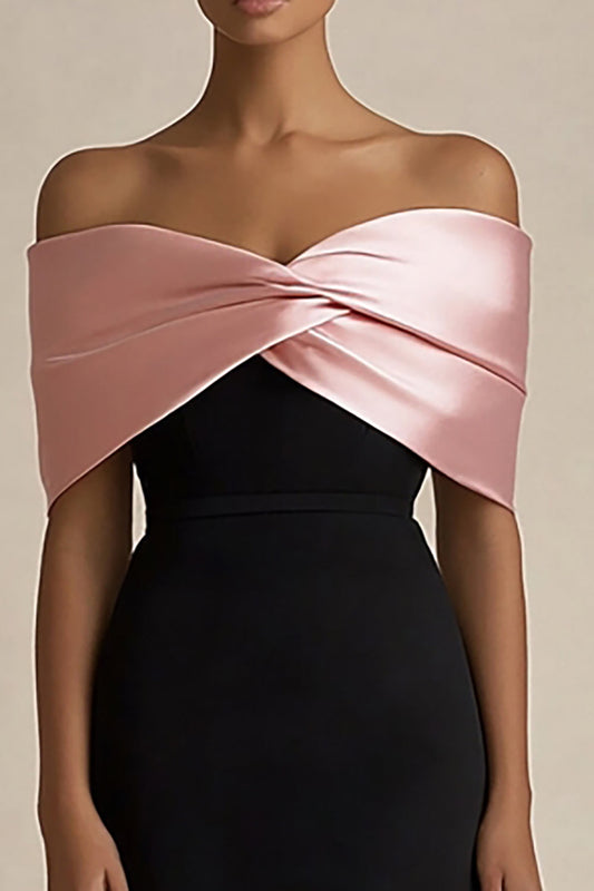 Black and Pink Satin Sheath Off the Shoulder Long Evening Dress
