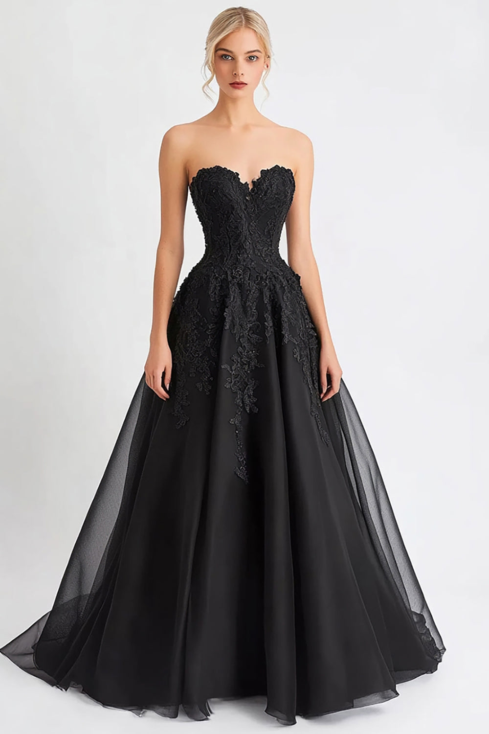 Zapakasa Women Black Tulle Long Evening Dress with Lace A Line Sweetheart Formal Dress Zapakasa Women Black Tulle Long Evening Dress with Lace A Line Sweetheart Formal Dress