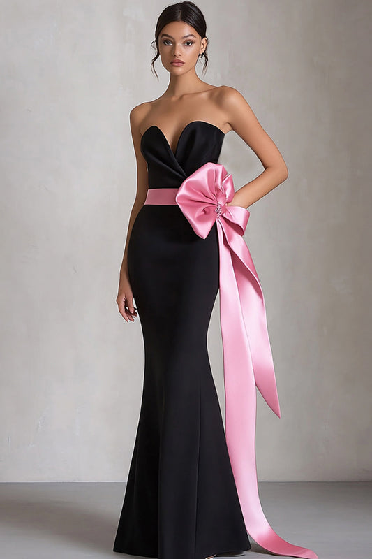 Black and Pink Mermaid Satin Sweetheart Long Evening Dress with Bow