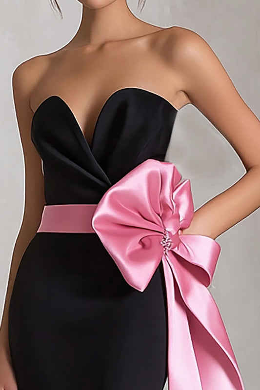 Black and Pink Mermaid Satin Sweetheart Long Evening Dress with Bow
