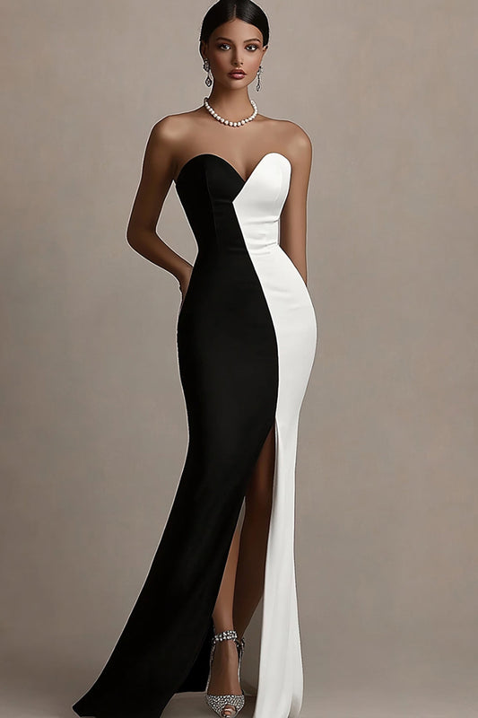 Zapakasa Women Black and White Satin Mermaid Black Tie Dress with Slit Strapless Long Formal Wedding Guest Dress