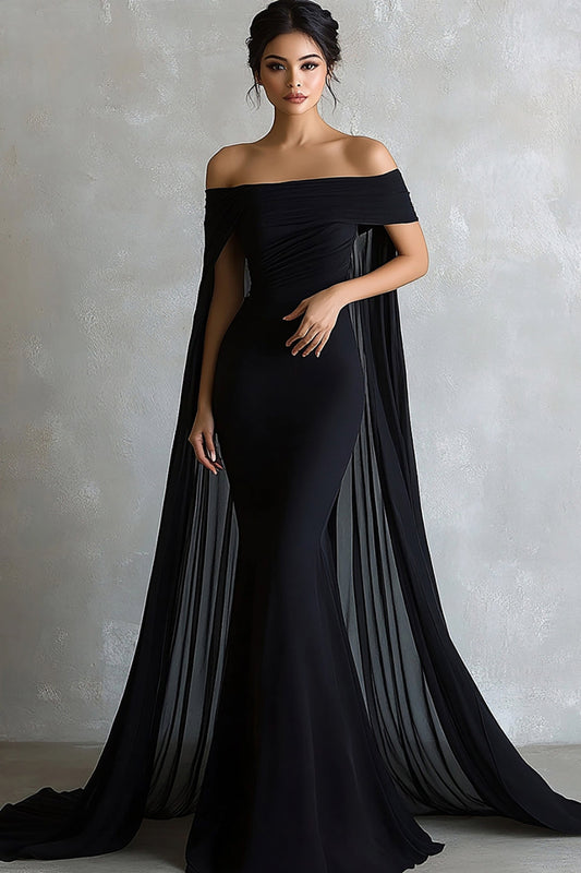 Black Mermaid Satin Off the Shoulder Long Evening Dress with Cap