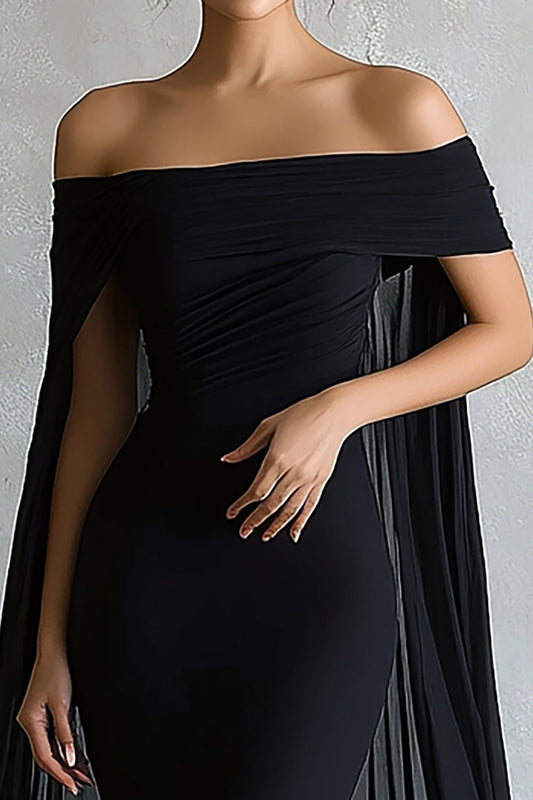 Black Mermaid Satin Off the Shoulder Long Evening Dress with Cap