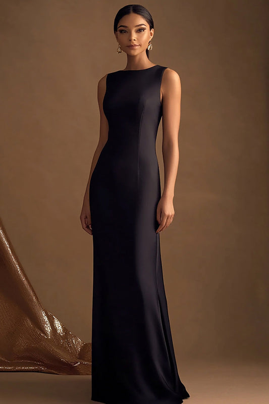 Black Satin Long Evening Dress Boat Neck Sheath Sleeveless Formal Dress