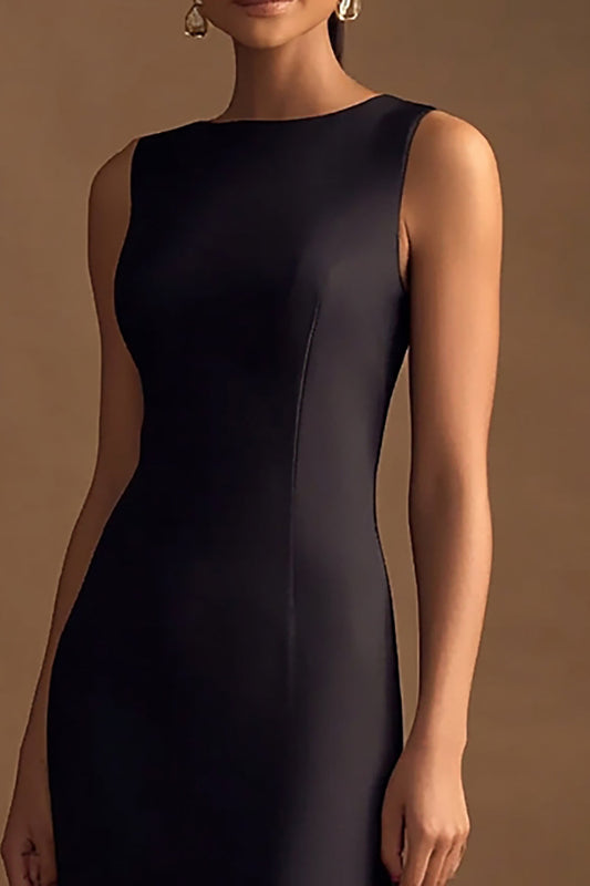 Simple Black Satin Boat Neck Long Sheath Evening Dress