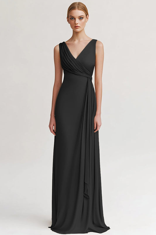 Black V Neck Long Sheath Evening Dress with Ruffles
