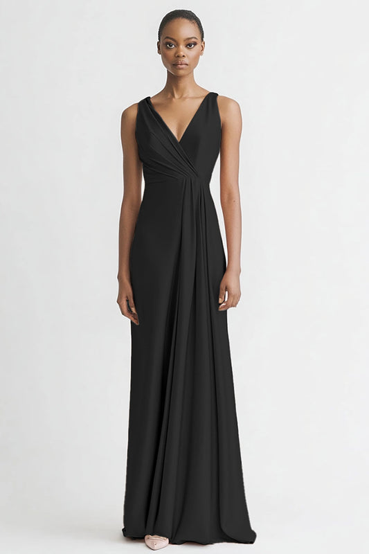 Black Satin A Line V Neck Long Evening Dress