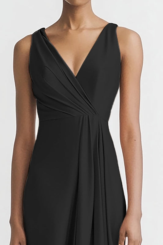 Black Satin A Line V Neck Long Evening Dress