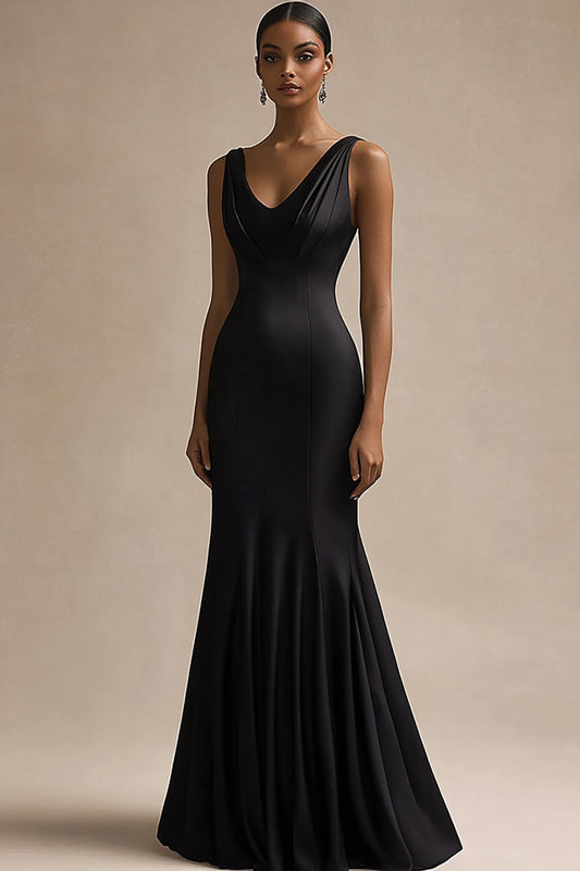 Black Satin V Neck Mermaid Long Evening Dress