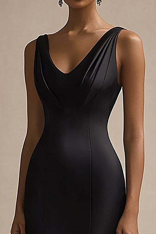 Black Satin V Neck Mermaid Long Evening Dress