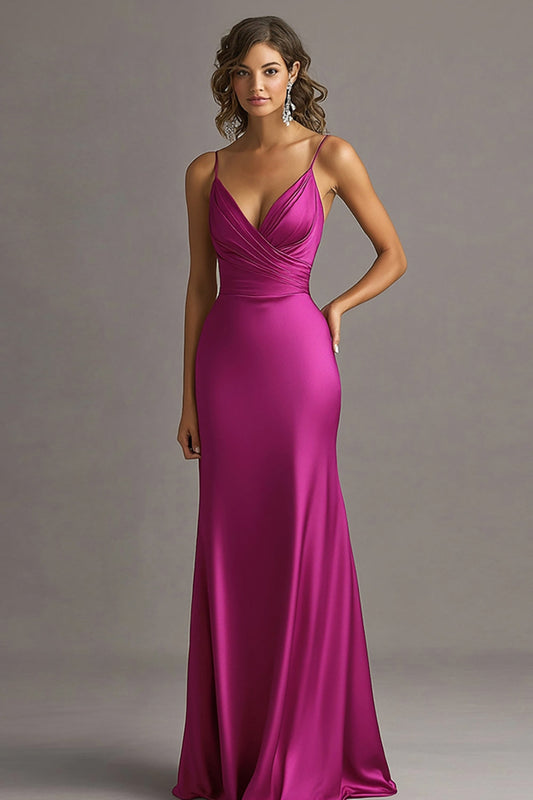 Fuchsia Satin Spaghetti Straps Long Sheath Evening Dress