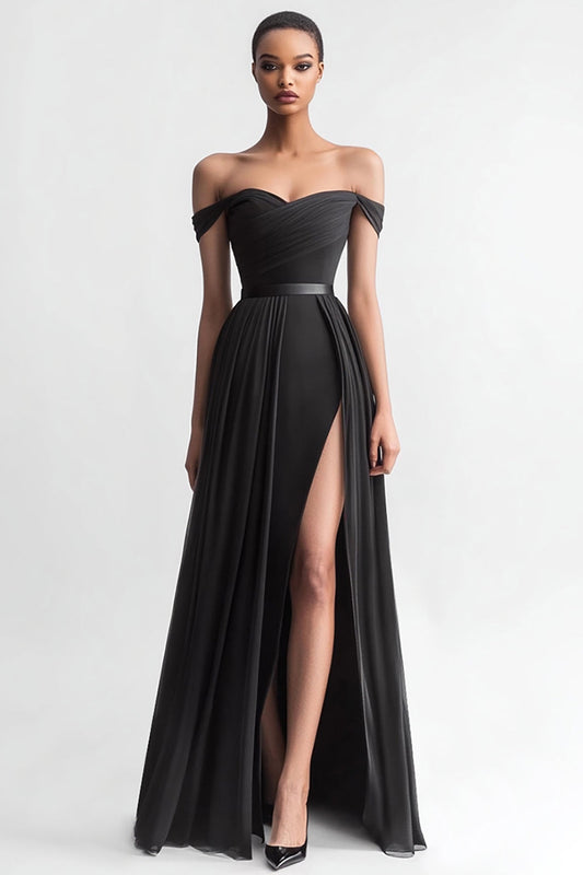 Black Off the Shoulder Long A Line Evening Dress with Slit