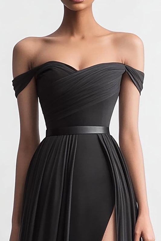 Black Off the Shoulder Long A Line Evening Dress with Slit
