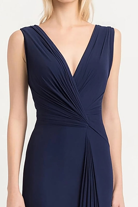 Navy Sheath V-Neck Satin Long Evening Dress