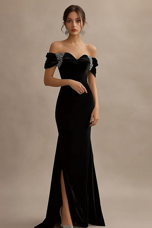 Sparkly Black Off the Shoulder Satin Long Evening Dress with Slit