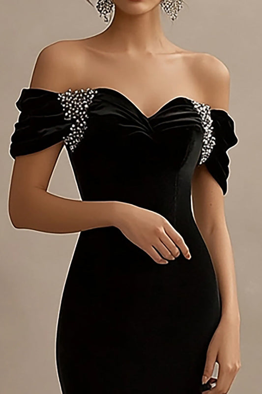 Sparkly Black Off the Shoulder Satin Long Evening Dress with Slit