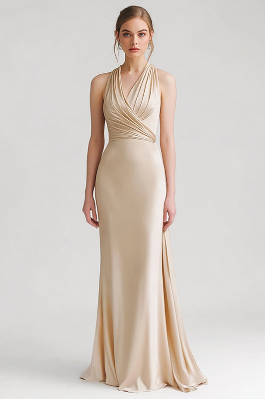 Champagne Satin V Neck Long Sheath Evening Dress