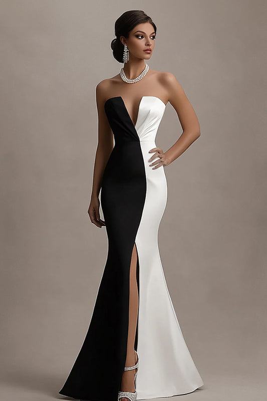 Zapaka Black and White Satin Long Evening Dress with Slit Mermaid Strapless Formal Wedding Guest Dress