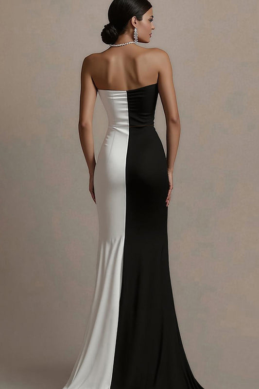 Black and White Mermaid Satin Strapless Long Evening Dress with Slit