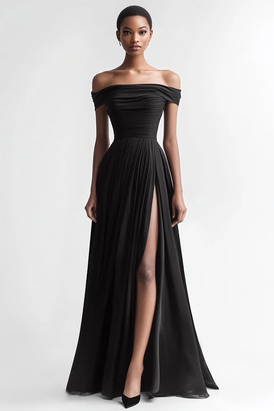 Black A Line Chiffon Off the Shoulder Long Evening Dress with Slit