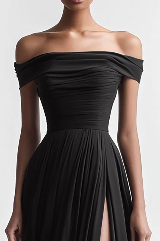Black A Line Chiffon Off the Shoulder Long Evening Dress with Slit