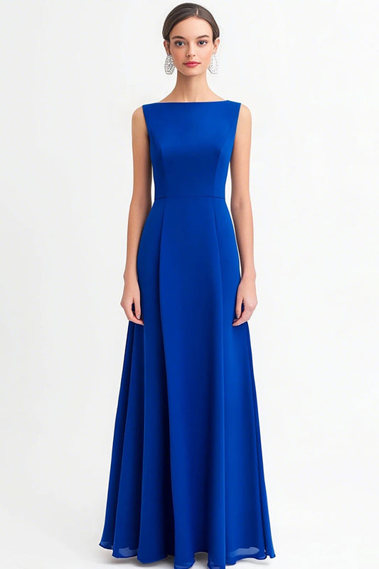 Royal Blue Chiffon A Line Bateau Neck Long Evening Dress
