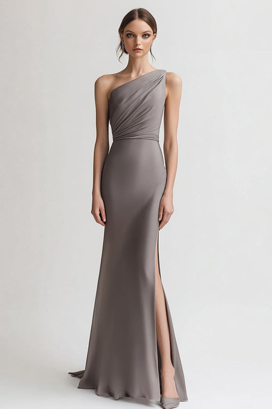 Grey One Shoulder Sheath Satin Long Evening Dress with Slit