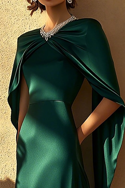 Dark Green Satin Long A Line Evening Dress with Cape