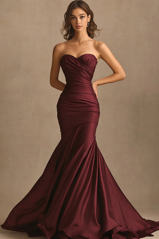 Burgundy Satin Sweetheart Long Mermaid Evening Dress